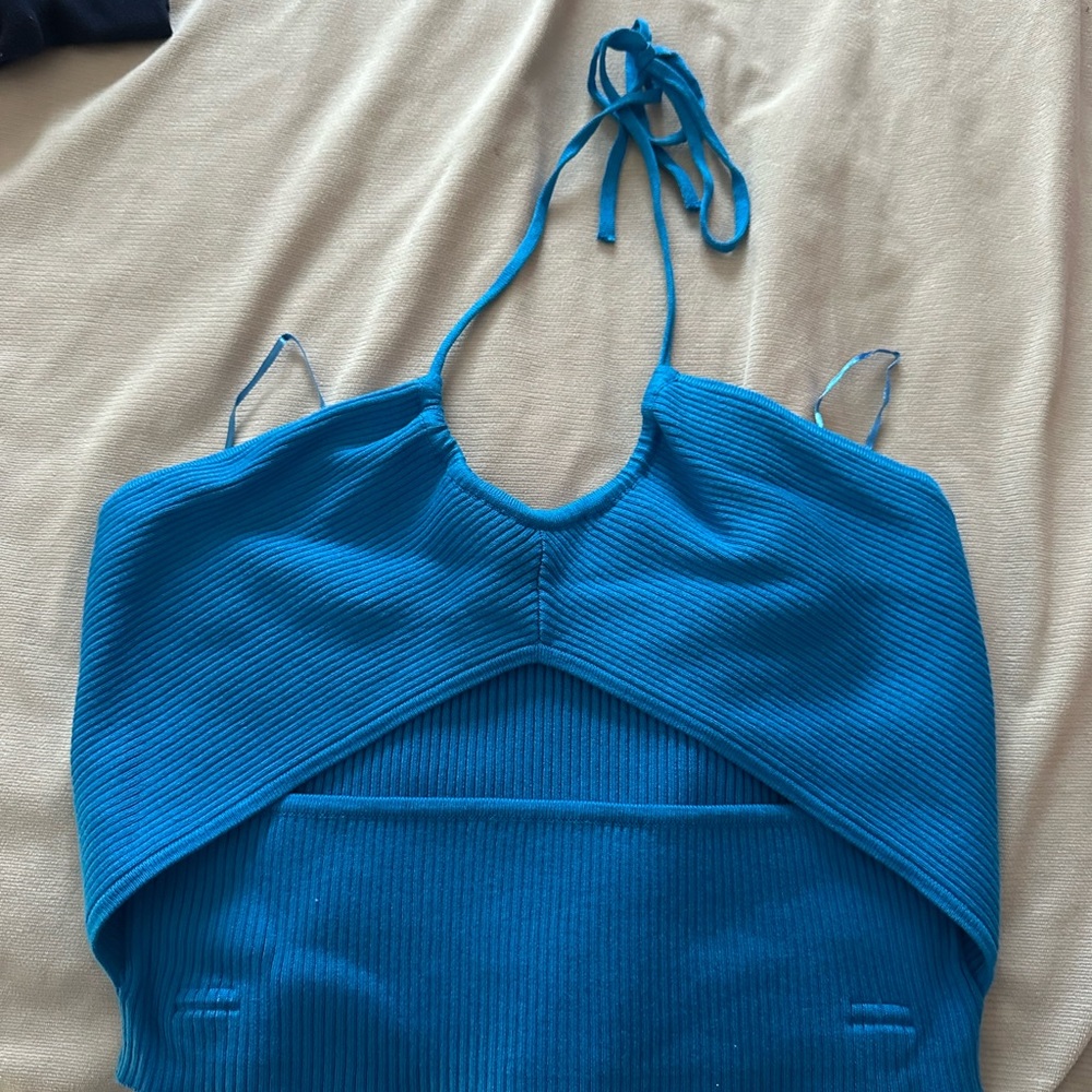 Garage Blue Ribbed Halter Top